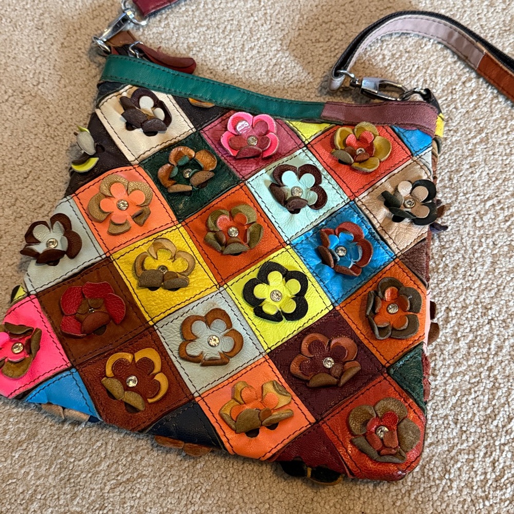 Leather Patchwork Flower Handbag Shoulder Strap C… - image 8